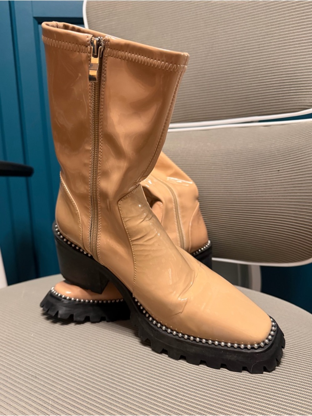 L’Intervalle Tan Patent Leather Studded Boots